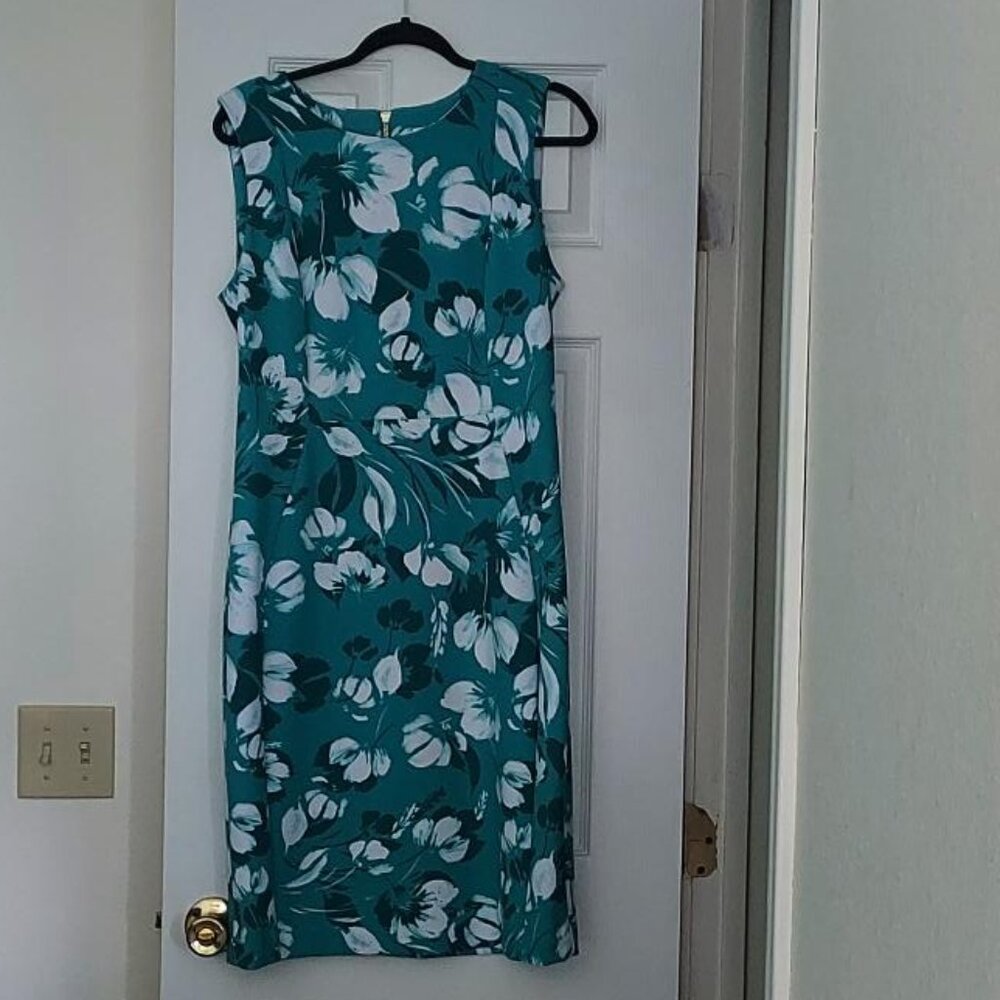 CALVIN KLEIN Floral-Print Sheath Dress TEAL Gorgeous  SZ 12 LIKE NEW